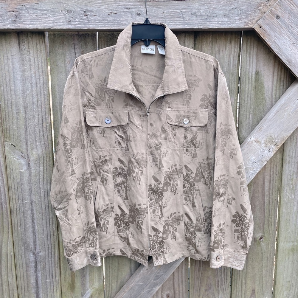 Chicos Silk Blend Nude Travel Novelty Town Printed Lightweight Jacket